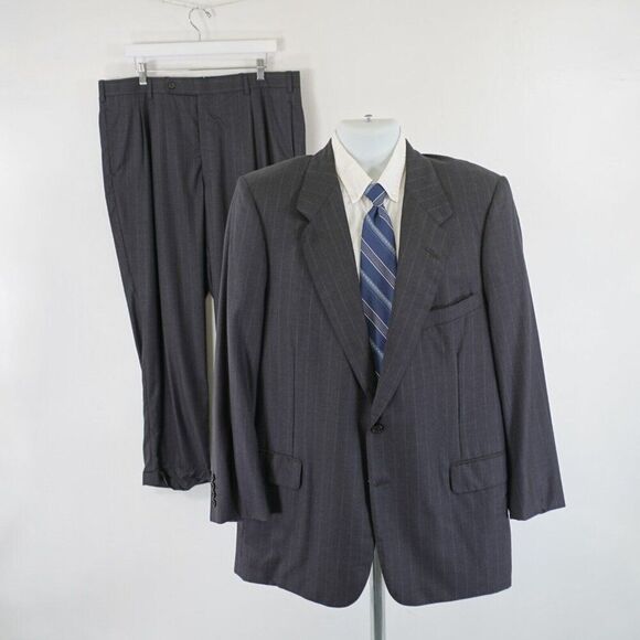Tom James Ventura‎ Bespoke Wool Gray Striped 2 Piece Suit 42R 38/28 Pleated Cuff - Picture 1 of 14